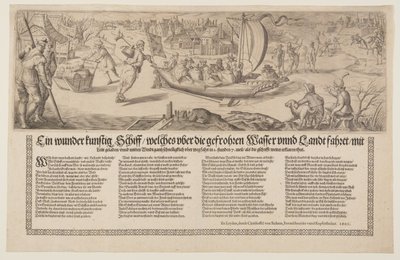Lado largo com uma barcaça a navegar no gelo de Christoffel van Sichem I