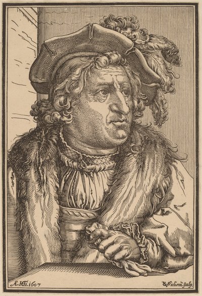 Homem com um boné emplumado de Christoffel van Sichem I after Hendrik Goltzius