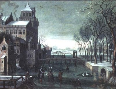 Uma Paisagem de Inverno com Patinagem de Figuras por um Castelo de Moated de Christoffel van den (circle of) Berghe