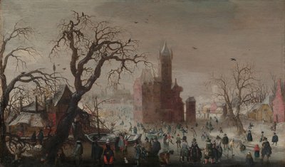 Uma paisagem de inverno com patinadores no gelo e um castelo imaginário, ca. 1615-20. de Christoffel van den Berghe