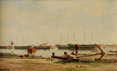 Vista de Nyholm com guindaste e navios de guerra de Christoffer Wilhelm Eckersberg