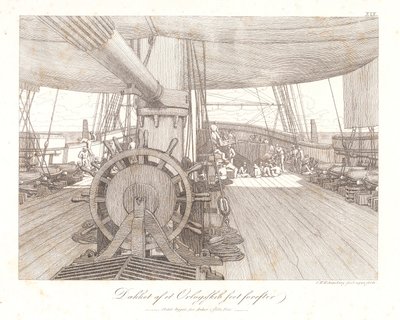 Dinamarquês: O convés de um navio de guerra, visto de frente. de Christoffer Wilhelm Eckersberg