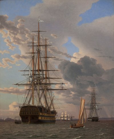 O navio russo da linha "Asow" e uma fragata ancorada nas estradas de Elsinore de Christoffer Wilhelm Eckersberg