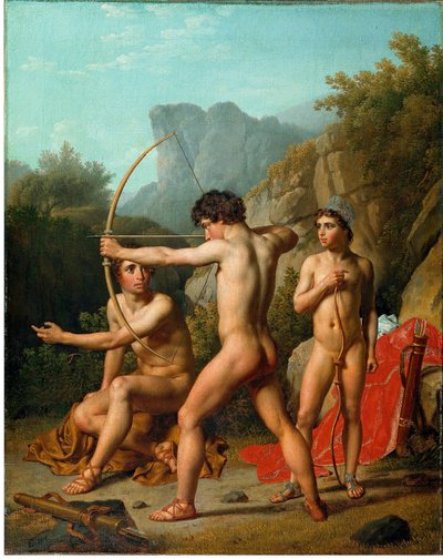 Três rapazes espartanos praticam tiro com arco de Christoffer Wilhelm Eckersberg