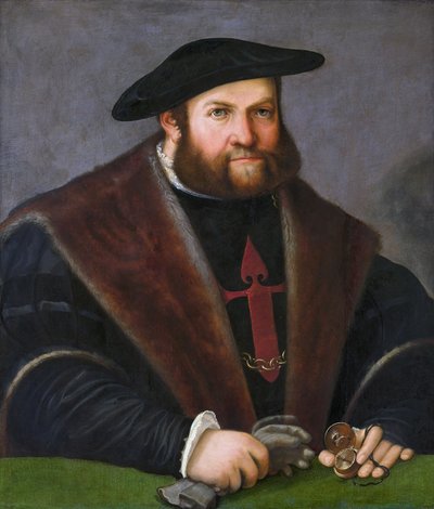 Alemão: Retrato de Ulrich Ehinger (1485-1537) (Retrato de um Cavaleiro de Santiago) Ulrich Ehinger como Cavaleiro da Ordem de Santiago de Christoph Amberger