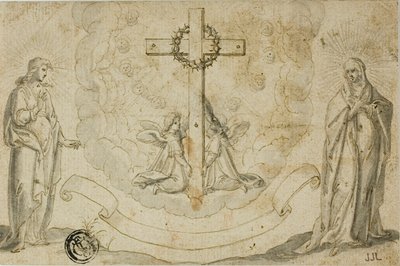 A Virgem Maria e S. João Evangelista com uma visão da Cruz sustentada por dois anjos de Christoph Schwarz