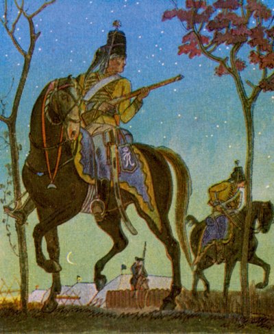 Husarenvorposten / Posto avançado de hussardos (litografia a cores) de Christophe (1856-1945)