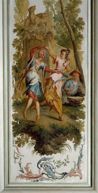 Chinoiserie: Cena de dança, painel do grande salão do castelo de Champs sur Marne realizado por Christophe Huet (1700-1759) de Christophe Huet