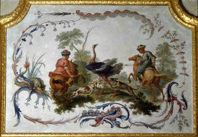Painel de caça de avestruz da grande sala de estar do castelo de campos sobre marga. Decoração de parede pintada por Christophe Huet de Christophe Huet