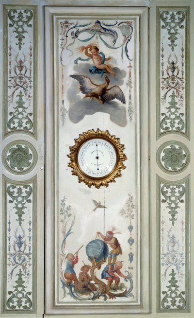 Painel da grande sala de estar do Chateau de Champs sur Marne com barômetro e chinoiserie. Decoração de parede pintada por Christophe Huet (1700-1759) de Christophe Huet