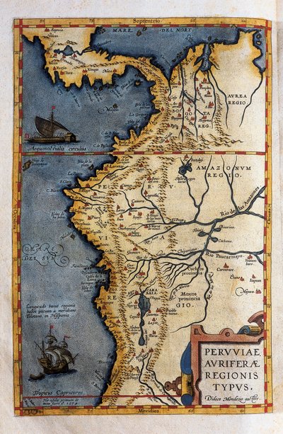 Mapa do Peru, dos registros da expedição de Hernando de Soto em 1570 de Christophe Plantin