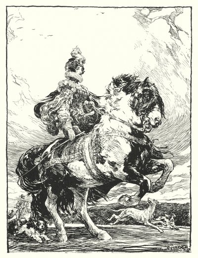 Mulher em traje Tudor caçando a cavalo (litho) de Christopher (after) Clark