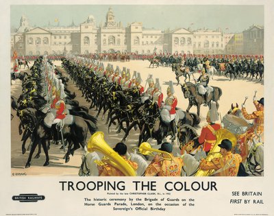 &39;Trooping the Color&39;, um pôster publicitário da British Railways, c.1950 (litografia colorida) de Christopher Clark