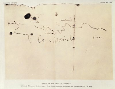 Esboço da costa de Espanola, desenhado por Colombo na primeira viagem, do original em posse do Duque de Berwick e de Alba, 1492 (tinta sobre papel) de Christopher Columbus