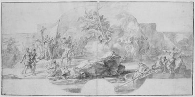 O desembarque de Colombo na América, estudo para uma pintura (destruída em 1777) para a Sala del Minor Consiglio, Palazzo Ducale, Gênova de Christopher Columbus