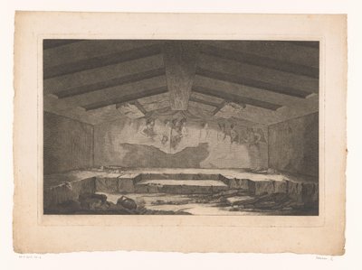 Câmara funerária etrusca em Tarquinia com um mural que representa uma procissão na parede posterior de Christopher Norton