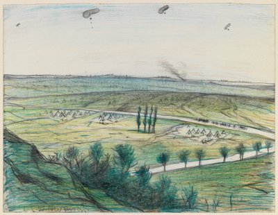 Paisagem com balões de observação, 1914-18 (lápis e giz de cera no papel) de Christopher Richard Wynne Nevinson