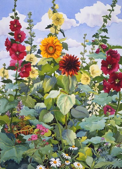 Hollyhocks and Sunflowers, 2003 (aguarela sobre papel) de Christopher Ryland
