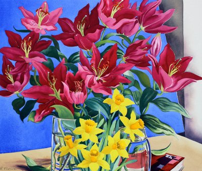 Magenta Lilies and Daffodils (aguarela sobre papel) de Christopher Ryland