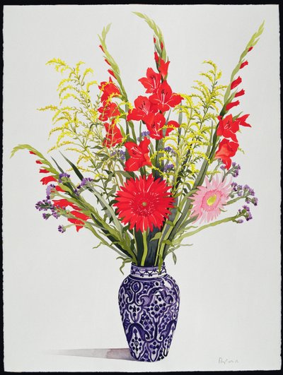 Tiger Lilies, Gladioli e Scabious em um vaso marroquino azul (wc) de Christopher Ryland