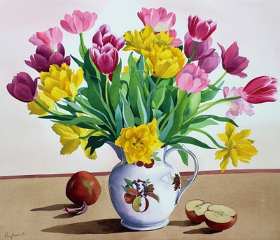 Tulipas no jarro com maçãs (aquarela sobre papel) de Christopher Ryland