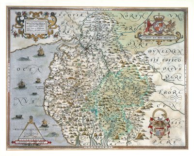 Um mapa de Westmorland e Cumberland, 1576 de Christopher Saxton
