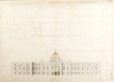 Palácio de Hampton Court, planta parcial e elevação de esboço para uma fachada de entrada, provavelmente para o 2º esquema, numerado 5 e 6 de Christopher Wren