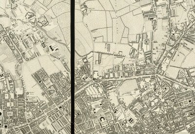 Pormenor da área em redor de Pentonville, do Mapa de Londres, a partir de um levantamento real efectuado em 1824 de Christopher and John (fl.1821 40) Greenwood