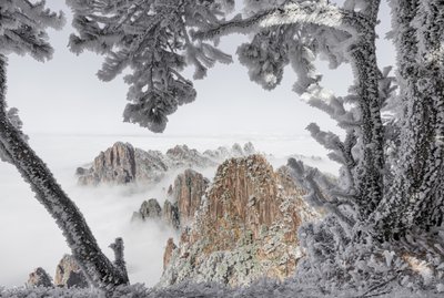 Picos de inverno envoltos em neblina de Chuanxu Ren