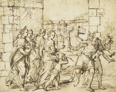 A Festa Lupercaliana em Roma: O Cupido e as Personificações da Fertilidade encontram os Luperci vestidos de cães e cabras de Circle of Adam Elsheimer