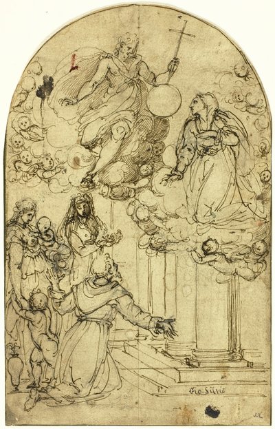 Visão de São Francisco de Assis em Porciúncula (reto); Desenho Ornamental (verso) de Circle of Alessandro Allori