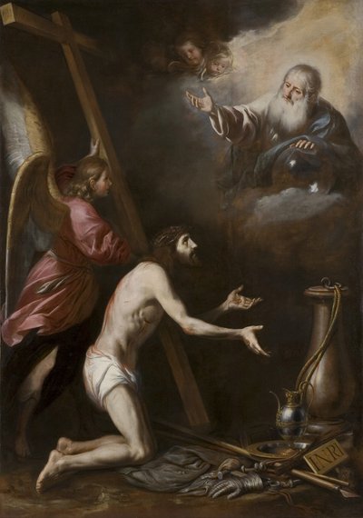 Espanhol: Cristo flagelado arrodillado ante Dios Padre (Cristo flagelado ajoelhado diante de Deus Pai) de Circle of Antonio del Castillo y Saavedra