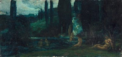 Mulheres tomando banho à noite em uma paisagem do sul de Circle of Arnold Böcklin