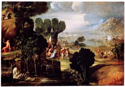 Paisagem com cenas das vidas dos santos, c1530 de Circle of Dosso Dossi