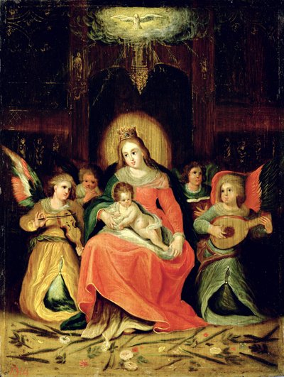 A Virgem Maria com anjos infantis e músicos de Circle of Frans Francken the Younger