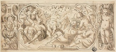 Desenho para friso decorativo com José a interpretar o sonho aos seus irmãos de Circle of Giovanni Battista Castello