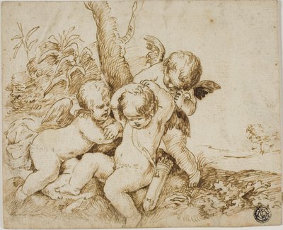 Dois Putti vendam os olhos a um terceiro de Circle of Guido Reni