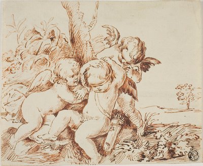 Dois Putti vendam os olhos a um terceiro de Circle of Guido Reni