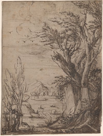 Paisagem com árvores retorcidas e pescador de Circle of Jacques de Gheyn