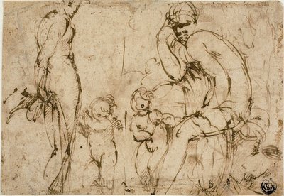 Vénus e Marte com Putti (anverso); Homem barbudo deslocando-se para a direita (verso) de Circle of Parmigianino