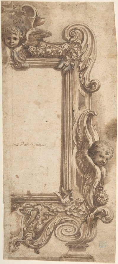 Projeto para meia moldura decorada com anjos, volutas e guirlandas., 1634-89. de Ciro Ferri.