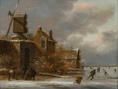Uma paisagem de inverno com skatistas em um rio congelado fora de uma vila de Claes (1630 76) Molenaer