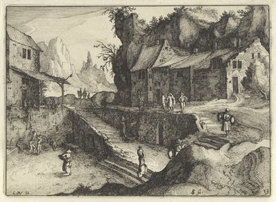 aldeia de montanha com casas e degraus
Paisagens holandesas (título da série)
Amaeniores Aliquot Regiunculae (título da série sobre o objecto) de Claes Jansz. Visscher (II)