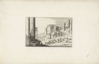 Paisagem montanhosa com fonte e pastores Paisagens italianas com ruínas (título da série) Variae antiquitates Romanae (título da série no objeto) de Claes Jansz. Visscher (II)