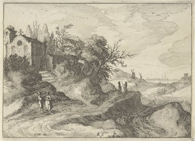 Capela em uma estrada sinuosa Paisagens holandesas (título da série) Amaeniores Aliquot Regiunculae (título da série no objeto) de Claes Jansz. Visscher (II)