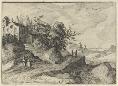 Capela em uma estrada sinuosa Paisagens holandesas (título da série) Amaeniores Aliquot Regiunculae (título da série no objeto) de Claes Jansz. Visscher (II)
