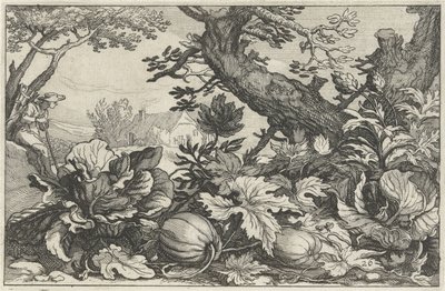Paisagem com abóboras e carvão Paisagens com fazendas (título da série) de Claes Jansz. Visscher (II)