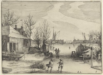 Estaleiro num canal congelado
Paisagens holandesas (título da série)
Amaeniores Aliquot Regiunculae (título da série sobre o objecto) de Claes Jansz. Visscher (II)