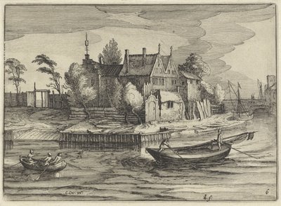 Sloops em uma propriedade Paisagens holandesas (título da série) Amaeniores Aliquot Regiunculae (título da série no objeto) de Claes Jansz. Visscher (II)