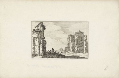 Dois pastores em uma ruína Paisagens italianas com ruínas (título da série) Variae antiquitates Romanae (título da série no objeto) de Claes Jansz. Visscher (II)